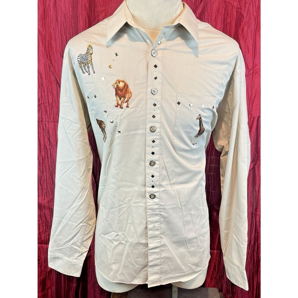 Womens Vntg Marquis Tan  African Safari Embroiderery LS Casual Shirt sz XL